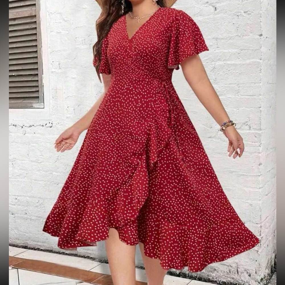 Boho Plus Size Polka Dot WRAP Open Front Butterfly Flutter Sleeve Dress Res
